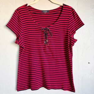 Chaps Women's Red Navy Y2K Nautical Preppy Striped Lace Up Tee Top Medium EUC